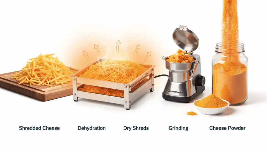 The image depicts the process of transforming shredded cheddar cheese into dehydrated cheese powder using a food processor and a dehydrator tray. It shows the cheese being spread in a single layer on parchment paper to remove excess moisture, resulting in a crunchy, flavorful cheese powder suitable for long-term storage.