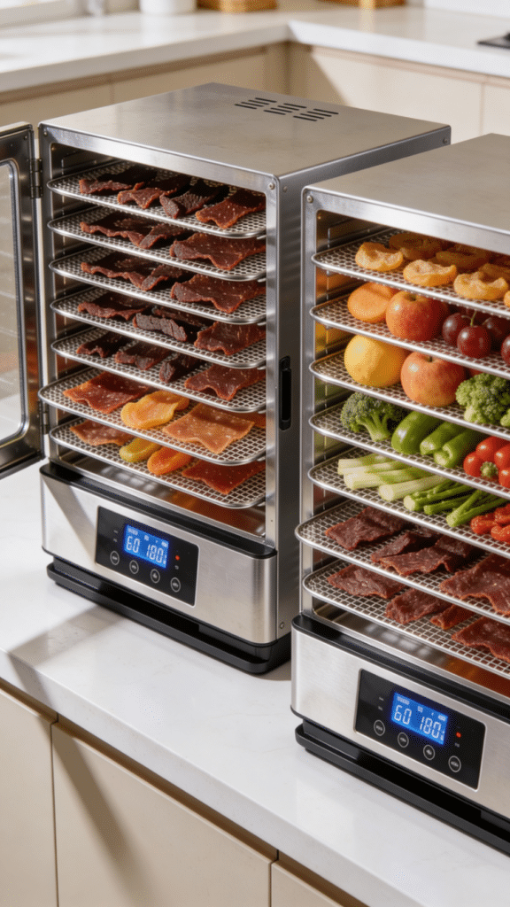The image showcases a side-by-side comparison of two popular food dehydrators, the Magic Mill and the Cosori, highlighting their key features such as stainless steel trays, temperature control, and large capacity for drying fruits, vegetables, and making beef jerky. This visual aids in understanding the differences in design and functionality for food preservation and creating healthy snacks.