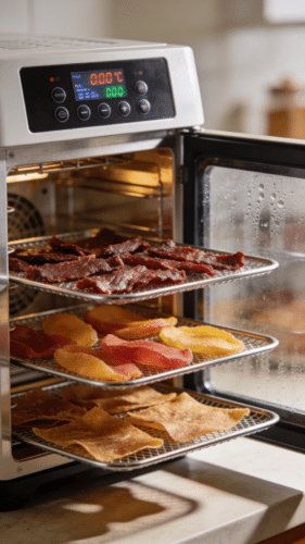 The image depicts a food dehydrator showcasing its digital controls and temperature settings, highlighting features like stainless steel trays and a transparent door for monitoring progress. This model, which could be a Magic Mill food dehydrator, is designed for consistent drying of various foods such as beef jerky and fruit leather, making it ideal for preserving healthy snacks.