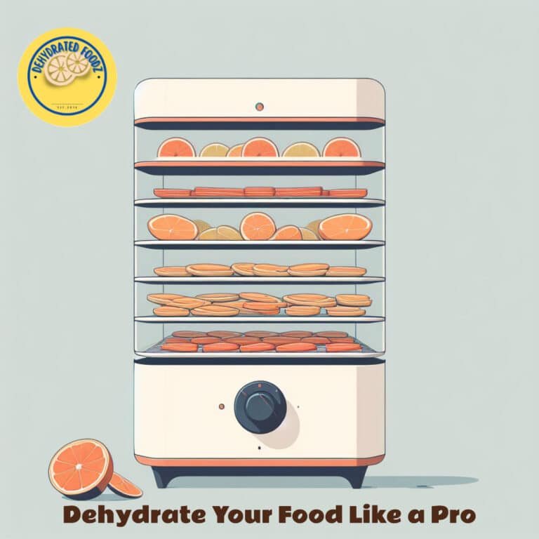 drawing of a food dehydrator with citrus fruits on trays