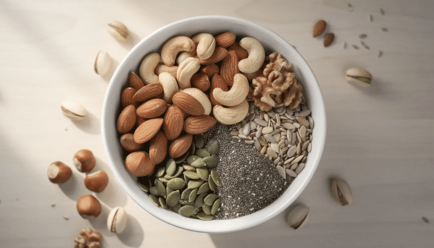 The image features a variety of nuts and seeds arranged on plastic trays of a food dehydrator, showcasing the process of dehydrating fresh foods. The scene highlights the even heat distribution and temperature controls of the electric dehydrator, emphasizing its role in preserving nutrients and extending the shelf life of these delicious snacks.