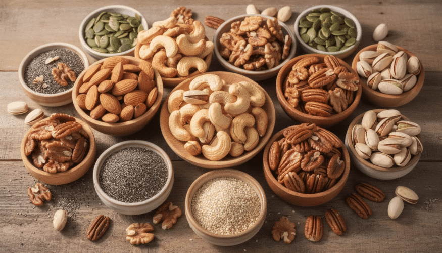 The image features an assortment of dehydrated nuts and seeds displayed in clear airtight containers, showcasing their rich textures and colors. These nutritious snacks, perfect for long-term storage, highlight the benefits of using a food dehydrator to preserve the freshness and nutrients of various foods.