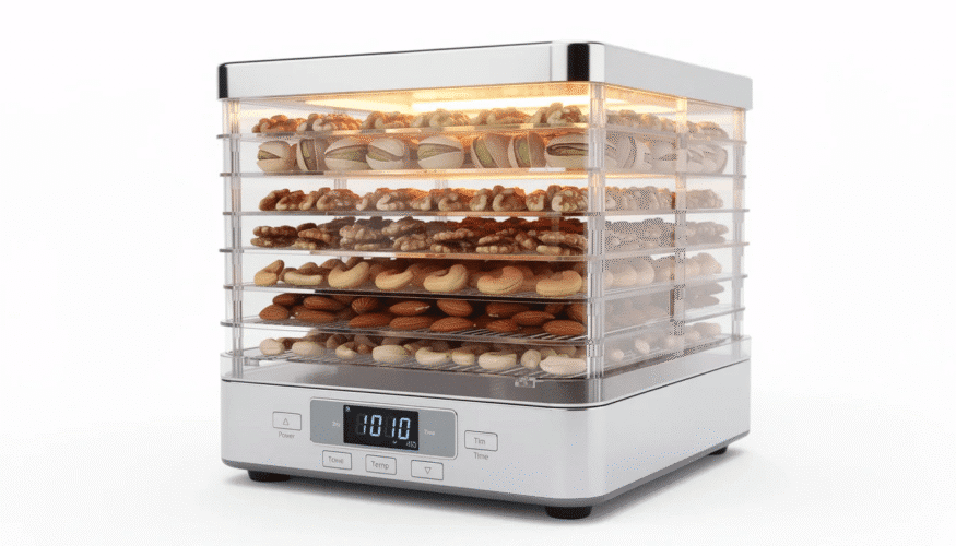 The image features a food dehydrator equipped with multiple trays, showcasing a variety of dehydrated foods including nuts, fruits, and vegetables. This electric dehydrator is designed for making jerky and fruit leather, offering even heat distribution for preserving fresh produce and extending their shelf life.