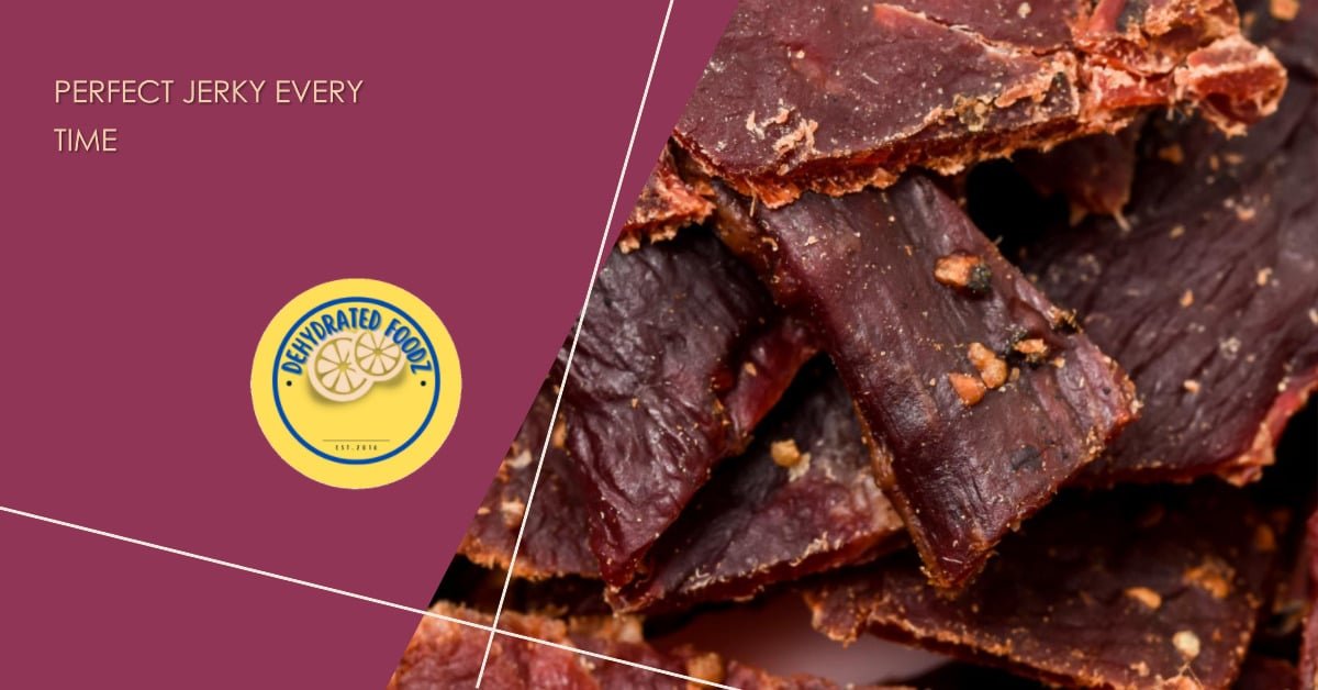 slices of jerky meat on a maroon background.
