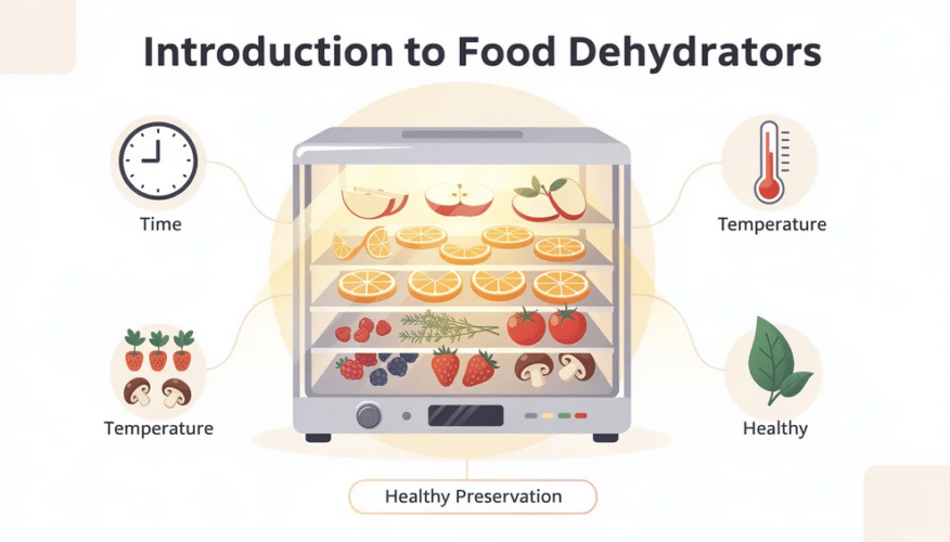 The image depicts a modern food dehydrator with multiple trays stacked inside, showcasing a variety of fruits, vegetables, and homemade jerky, including beef jerky. It features an adjustable temperature control and a bottom-mounted fan for optimum drying, highlighting its user-friendly design for making healthy snacks.
