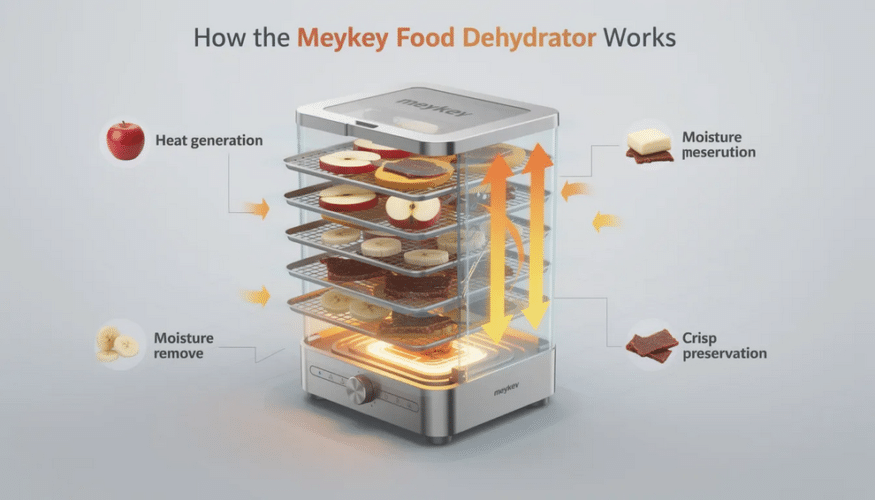 The image illustrates the Meykey Food Dehydrator, showcasing its adjustable temperature control and bottom-mounted fan, which allows for optimum drying of various foods like fruits, vegetables, and homemade jerky. The user manual is also visible, emphasizing the machine's ease of use and dishwasher-safe trays for convenient cleaning.