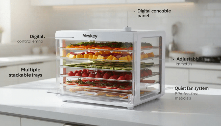 The image showcases the Meykey Food Dehydrator, featuring multiple trays designed to dehydrate a variety of foods such as fruits, vegetables, and homemade jerky simultaneously. With adjustable temperature control and a bottom-mounted fan for optimum drying, this upgraded version is both user-friendly and dishwasher safe, making it a great value for healthy snack preparation.