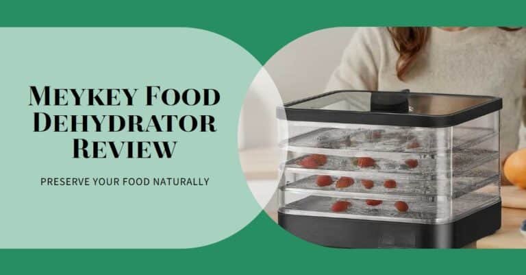 Image of a clear 5 tray food dehydrator on a green background