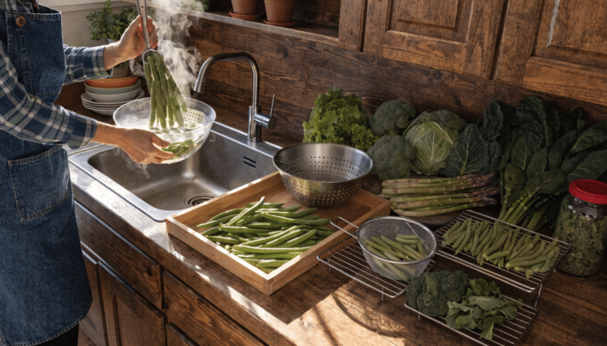 Blanching vegetables before drying.