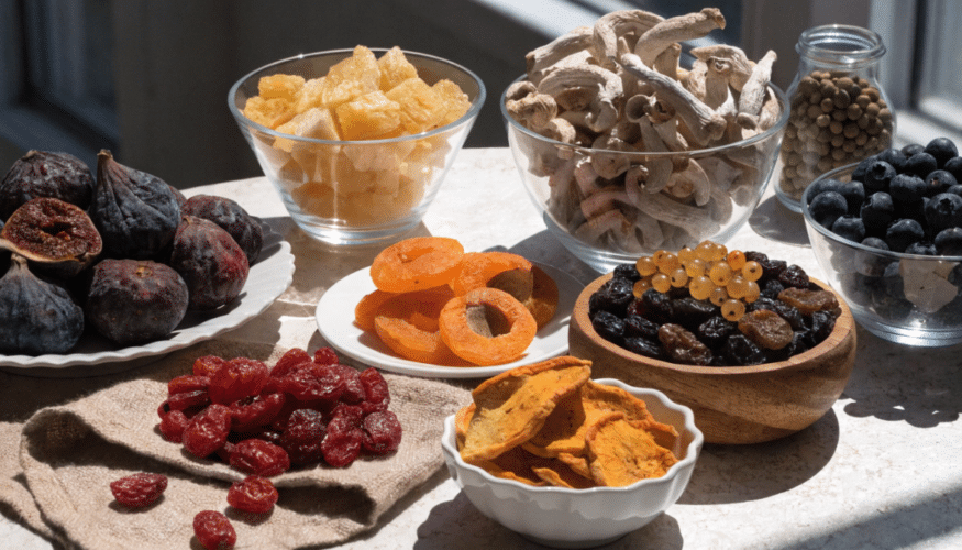 Variety of dehydrated fruits.