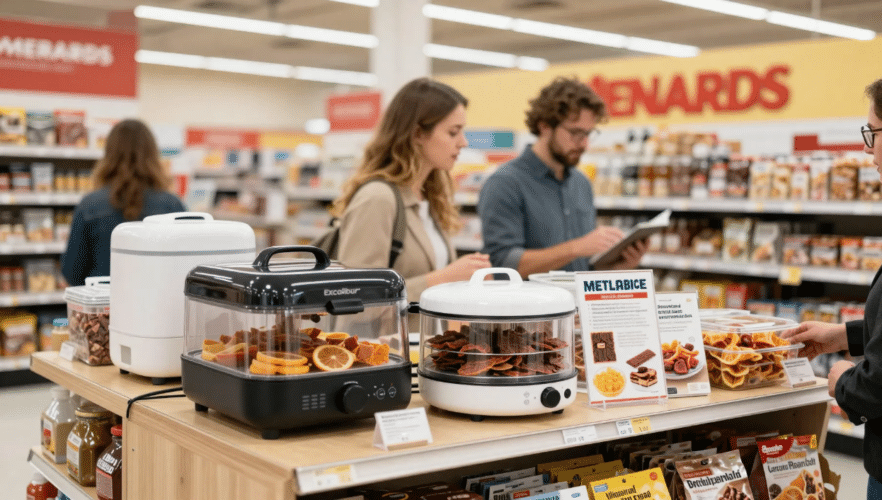 The image depicts a vibrant in-store display featuring food dehydrators, including the Excalibur food dehydrator, alongside promotional materials for mail-in rebates and savings on future purchases. Customers can explore options for creating beef jerky and fruit leather while learning about service plans and merchandise credits available at Menards locations.