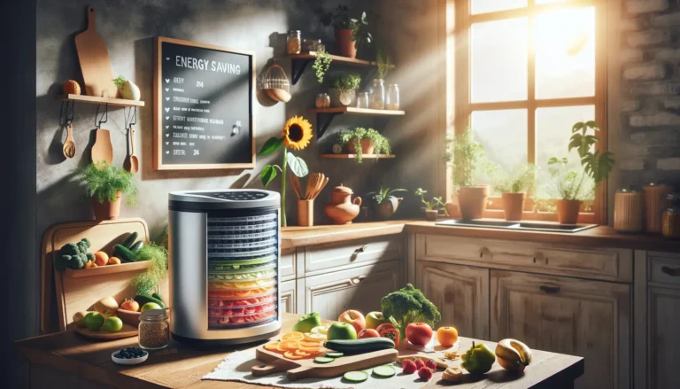 Image of a food dehydrator on a countertop, sun shining from kitchen window onto dehydrator