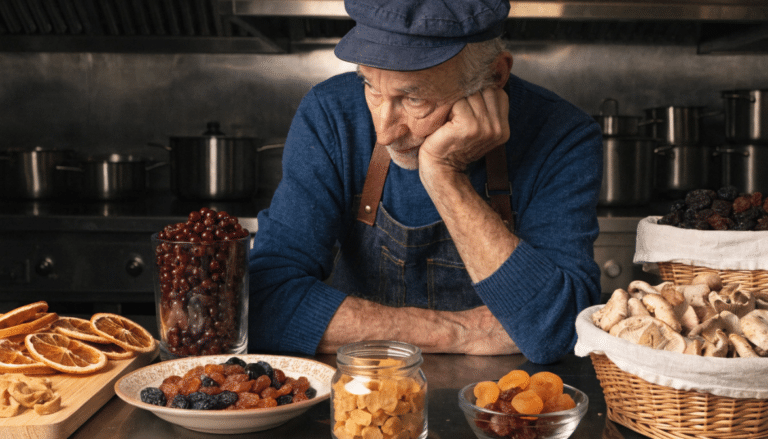 an old man with chefs clothing contemplating surrounded by dehydrated food