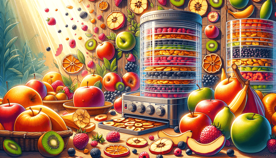 A vibrant picture of diffferent fruits sliced and inside food dehydrator tray.