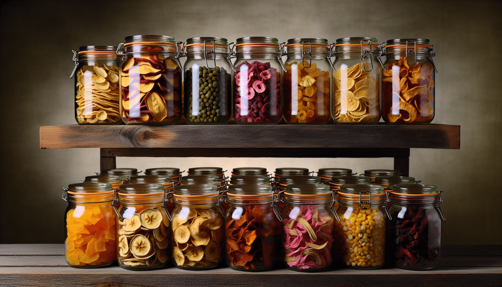 Various dehydrated foods in glass jars