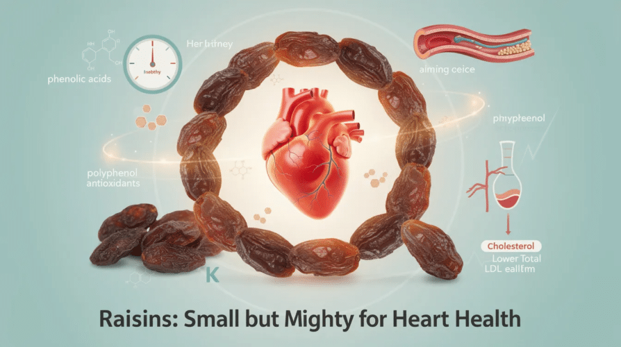 The image depicts a bowl filled with a variety of raisins, including golden and black raisins, showcasing their rich, sweet appearance. These dried grapes are highlighted for their health benefits, particularly in promoting heart health and reducing blood pressure, making them a nutritious snack option for healthy adults.