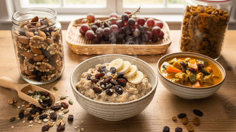 The image depicts a variety of dishes incorporating raisins, showcasing their versatility in a balanced diet. From a healthy trail mix to oatmeal topped with golden raisins, these dried fruits not only add sweetness but also provide numerous health benefits, including dietary fiber and antioxidants that support heart health and digestive function.