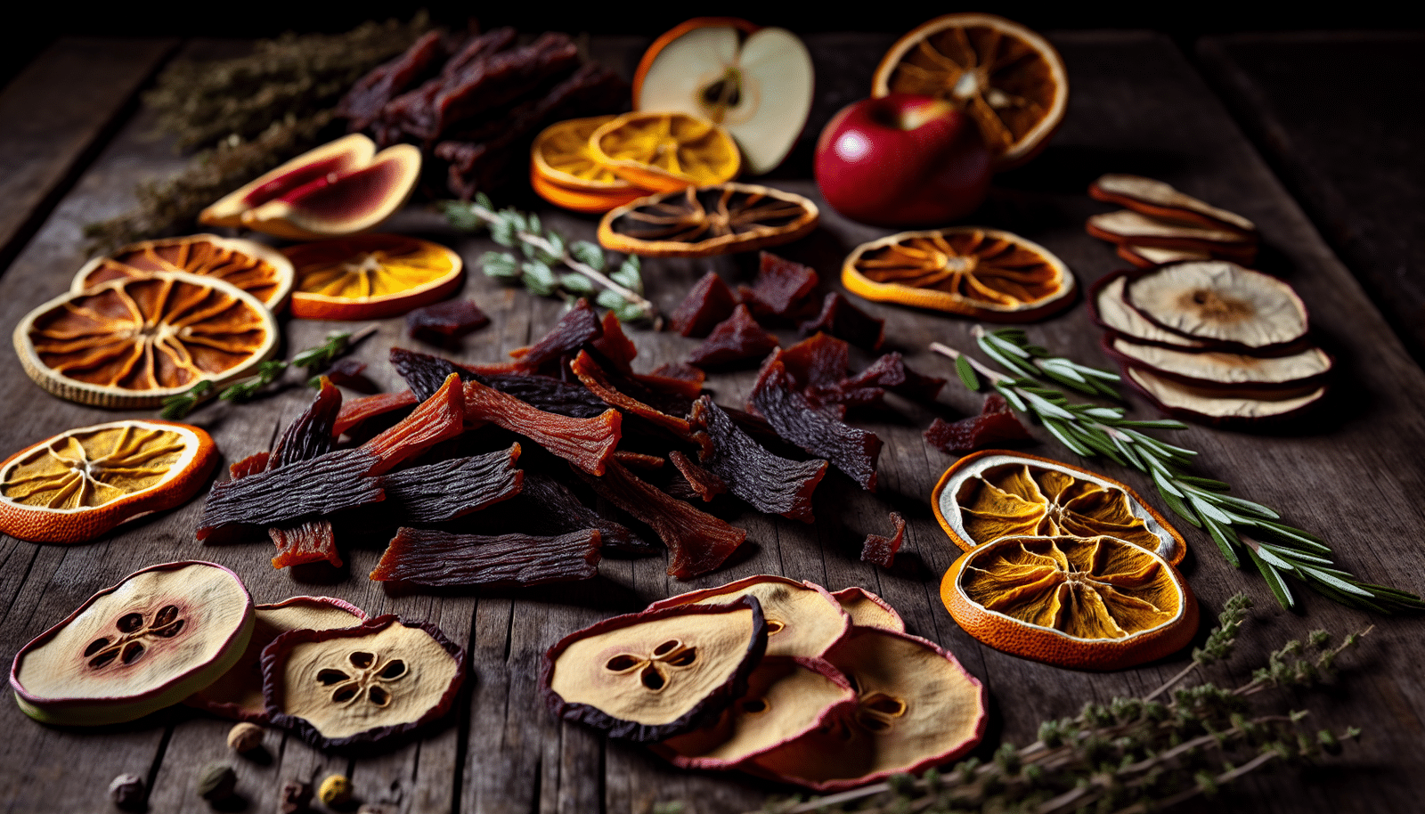 Assortment of dried foods including jerky, fruit slices, and herbs