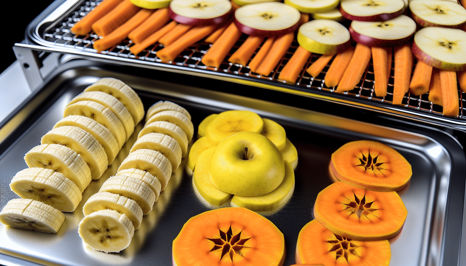 A variety of fruits and vegetables laid out on dehydrator trays