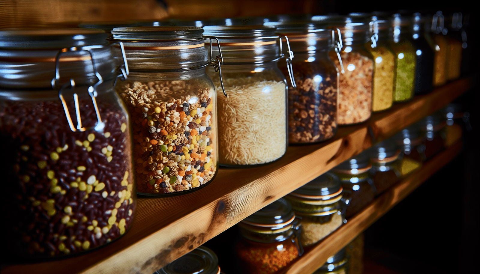 Dehydrated grains and legumes in glass jars