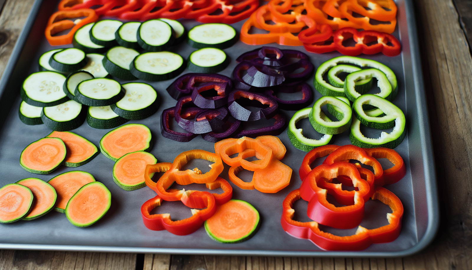 Arranging vegetable slices on a baking sheet
