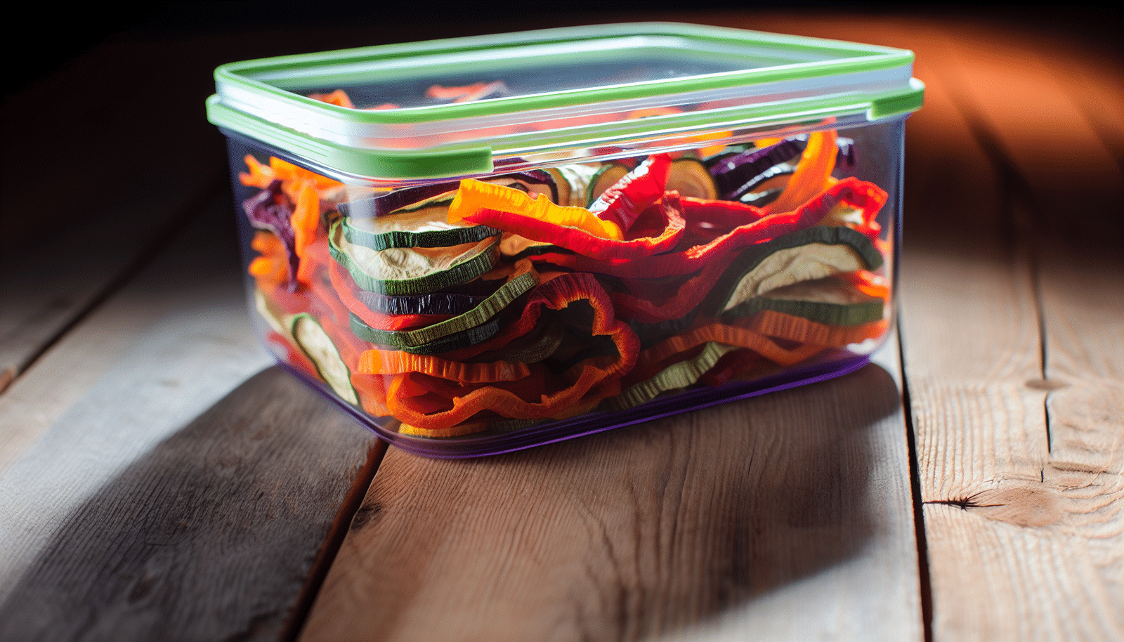 Airtight container filled with dehydrated vegetables