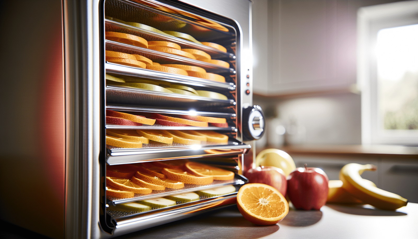 Food dehydrator with trays of fruit
