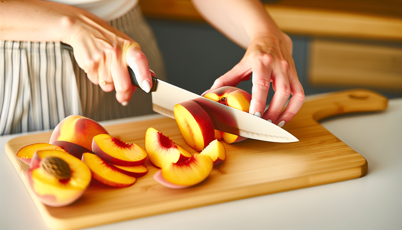Slicing fresh peaches for oven drying