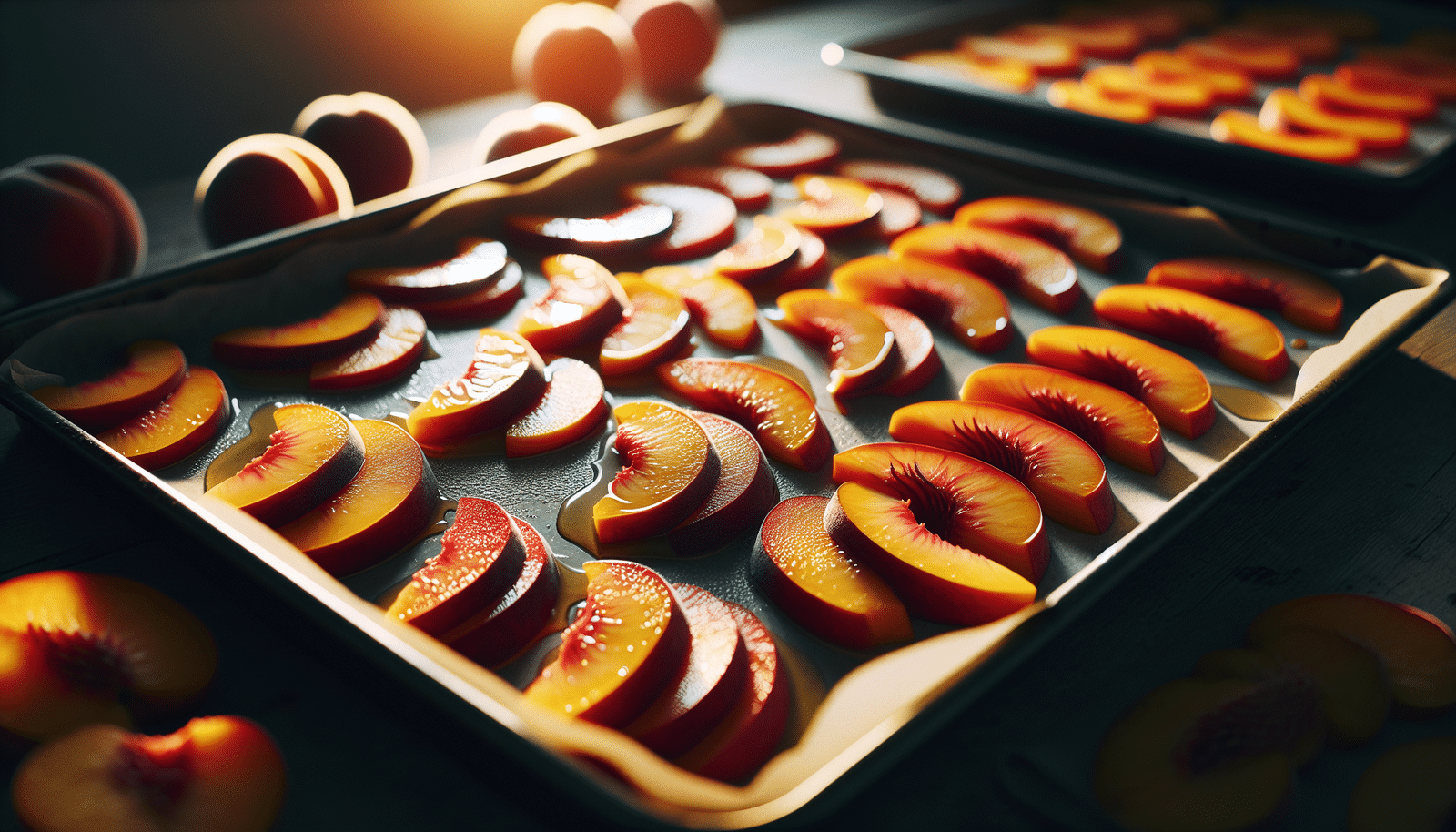 Prepared peach slices on baking sheets