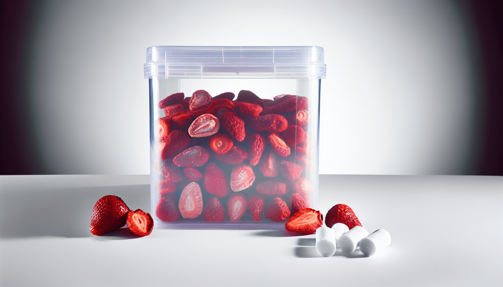 Airtight container with freeze-dried strawberries and oxygen absorbers