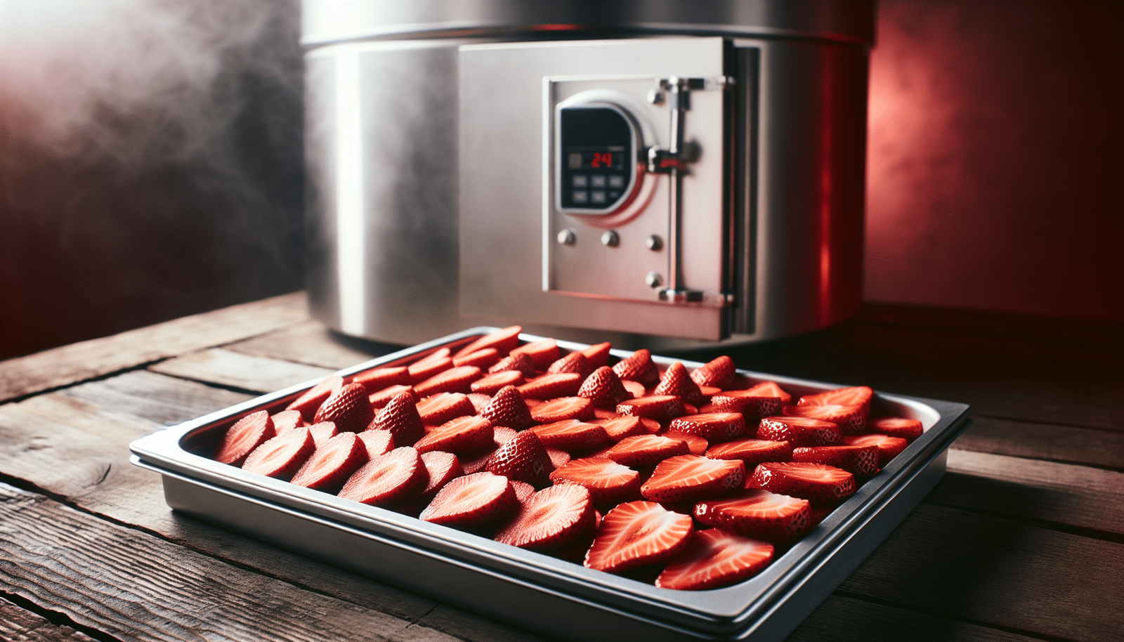Uniformly sliced strawberries on a freeze dryer tray