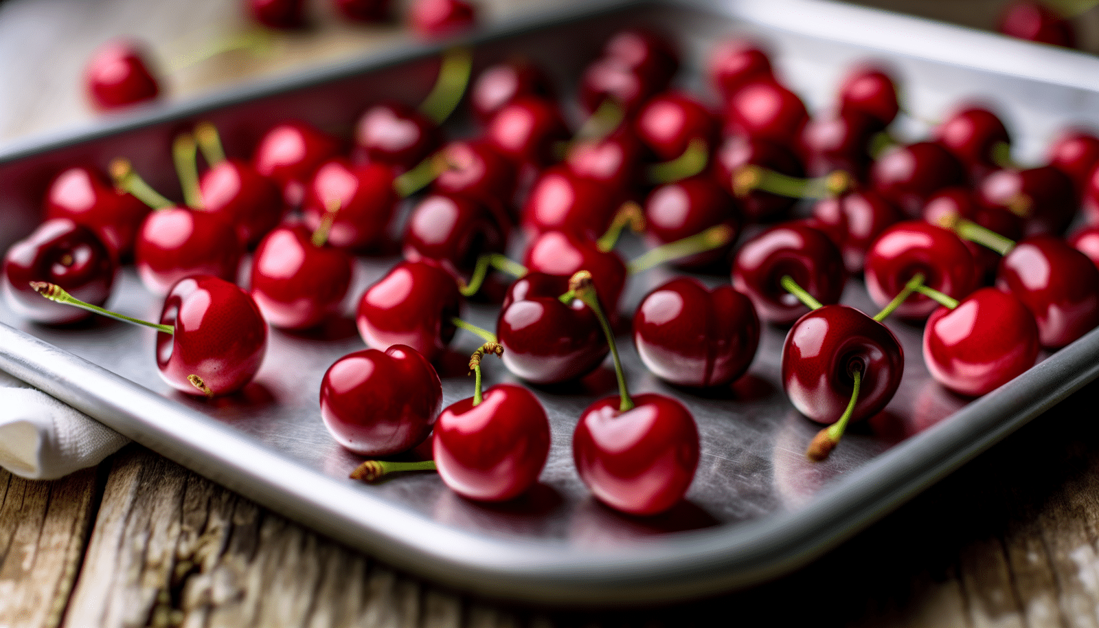 Cherries arranged in a single layer on a baking sheet