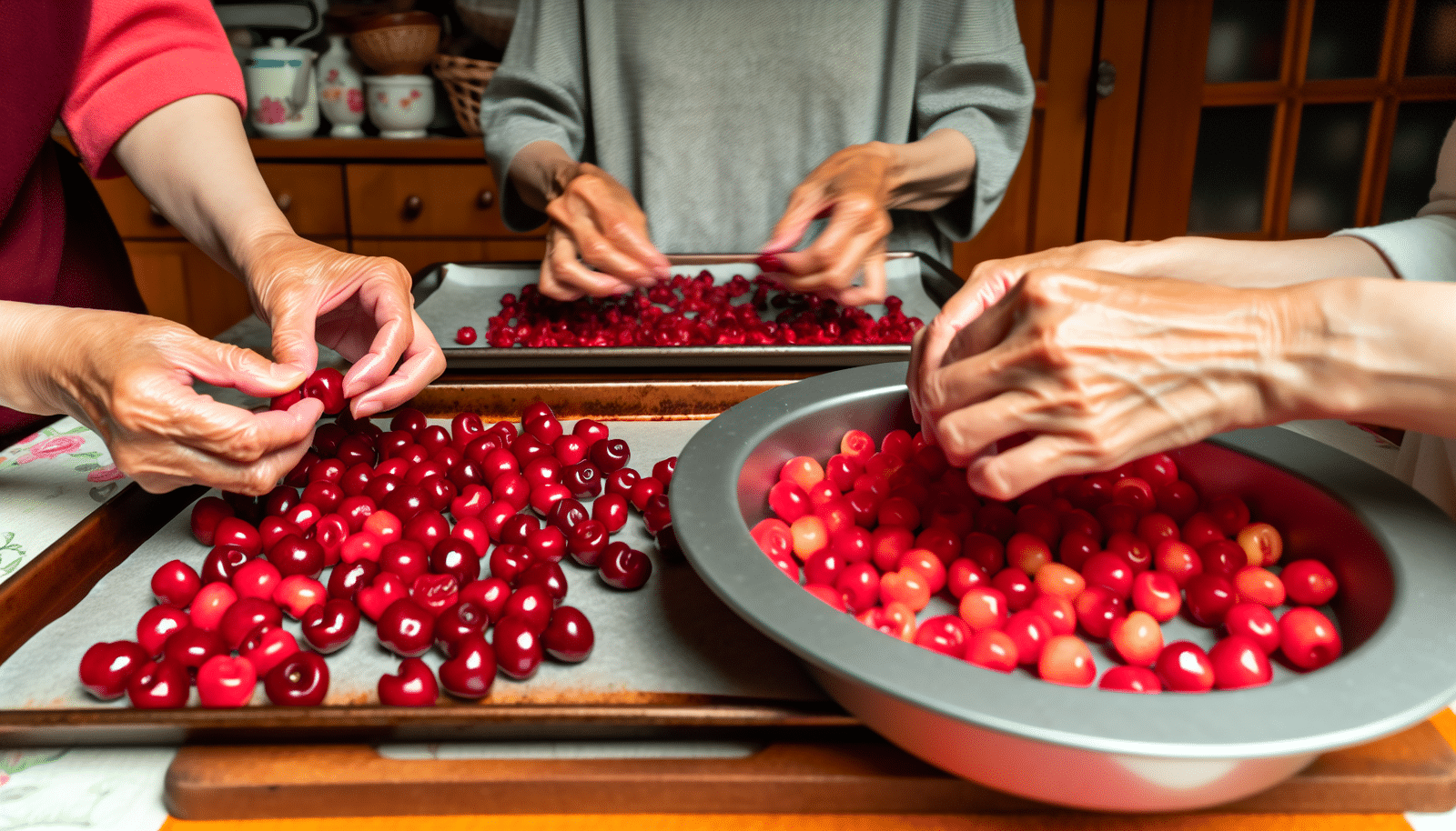 Cherries being pitted and cleaned on a baking sheet