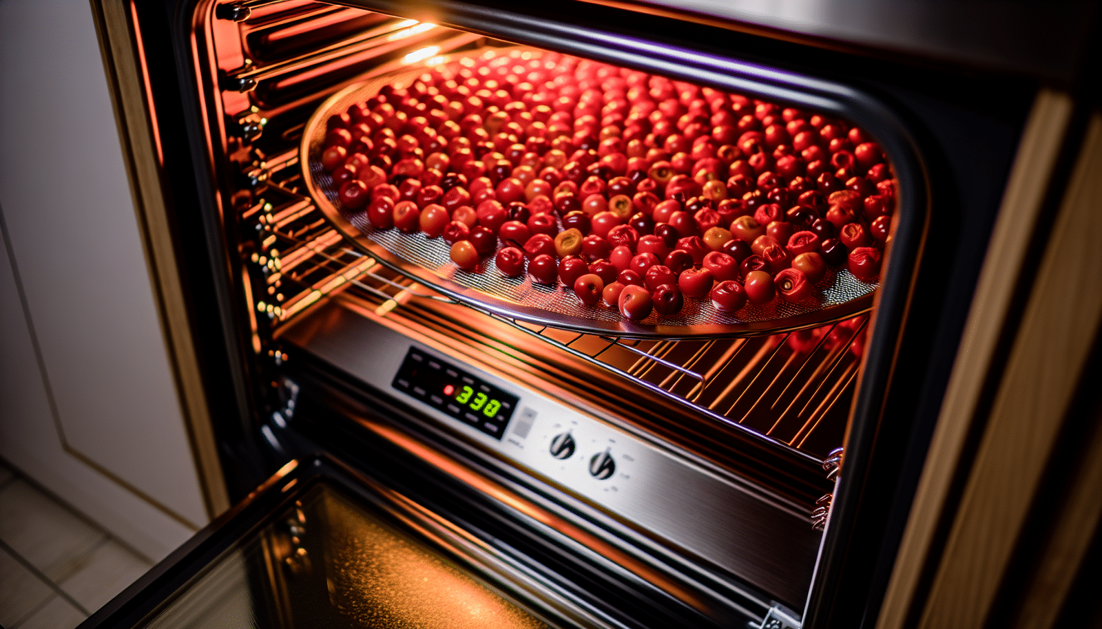 Oven with cherries inside undergoing the drying process