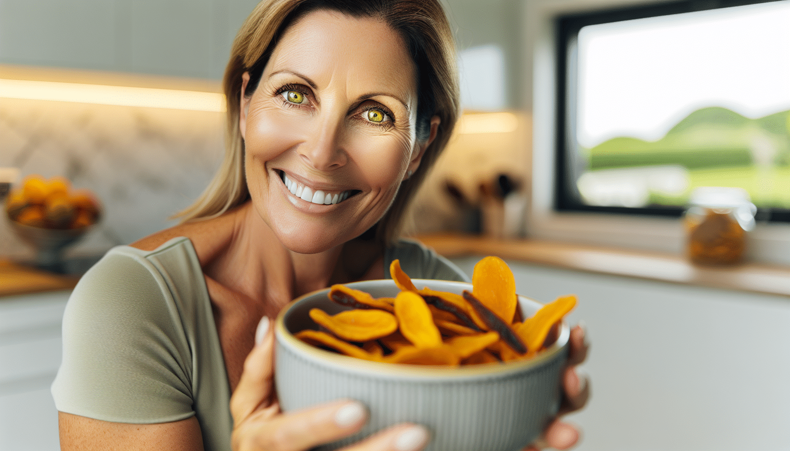 Person enjoying a healthy lifestyle with dried mango snack