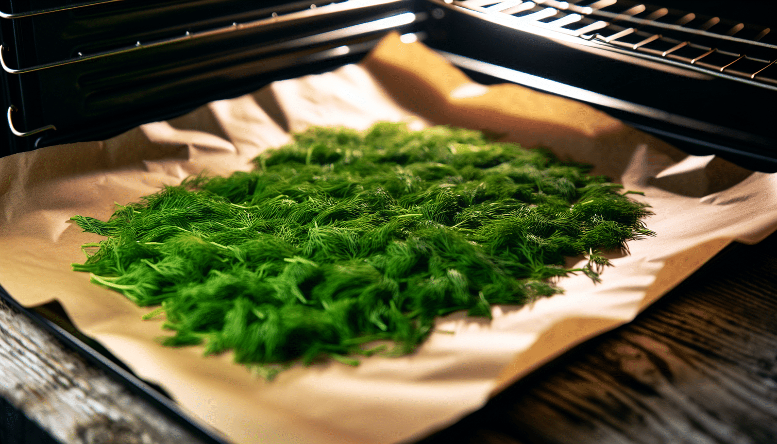 Oven drying dill on parchment paper