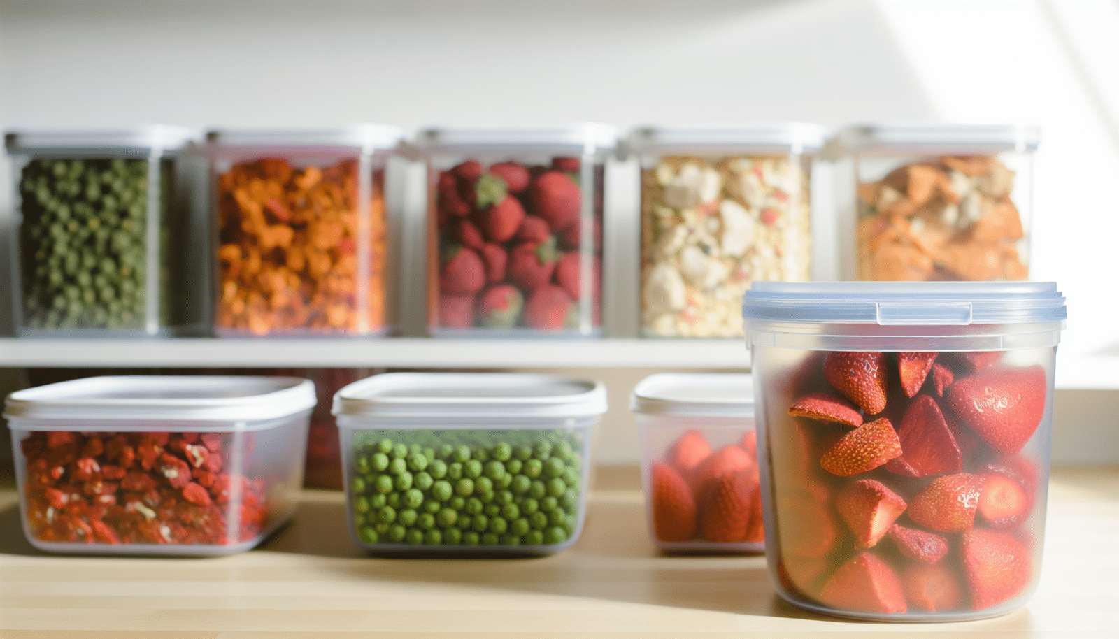 Various freeze dried foods in storage containers
