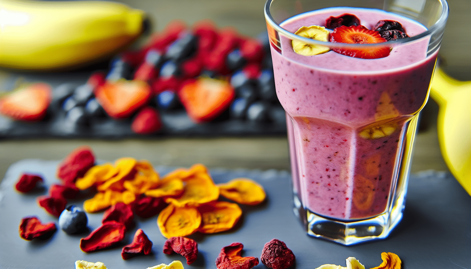A colorful smoothie made with freeze dried fruits