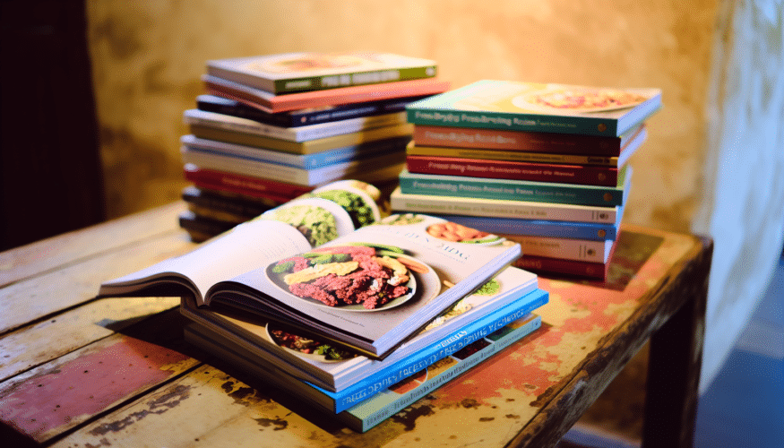 A variety of freeze-drying recipe books displayed on a wooden table.