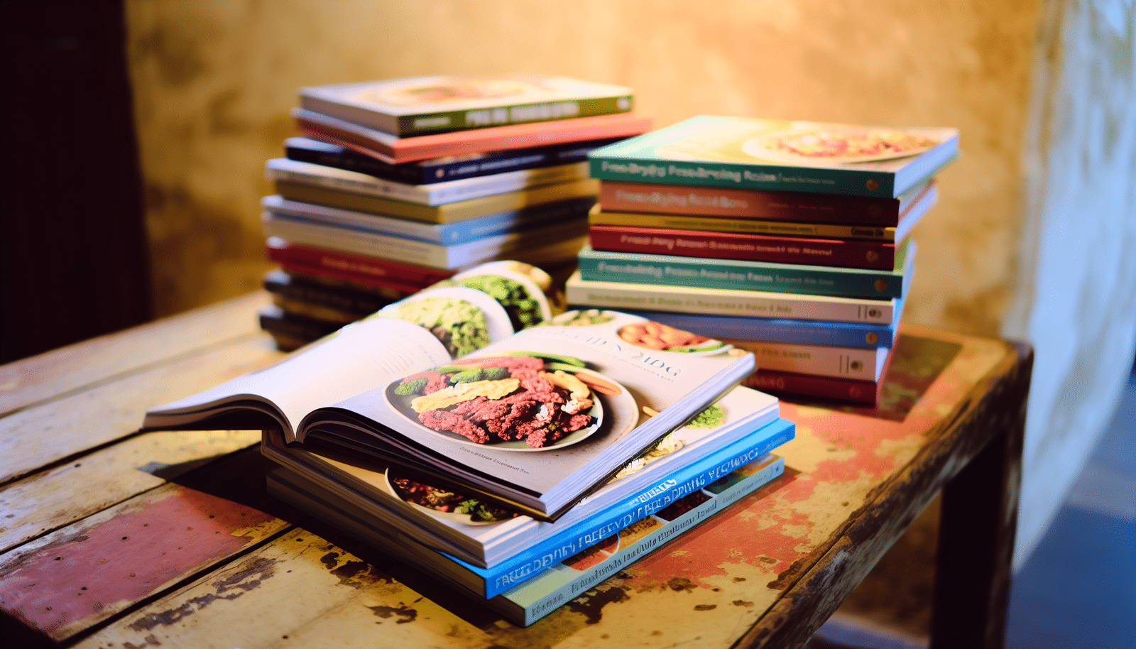 A variety of freeze-drying recipe books displayed on a wooden table