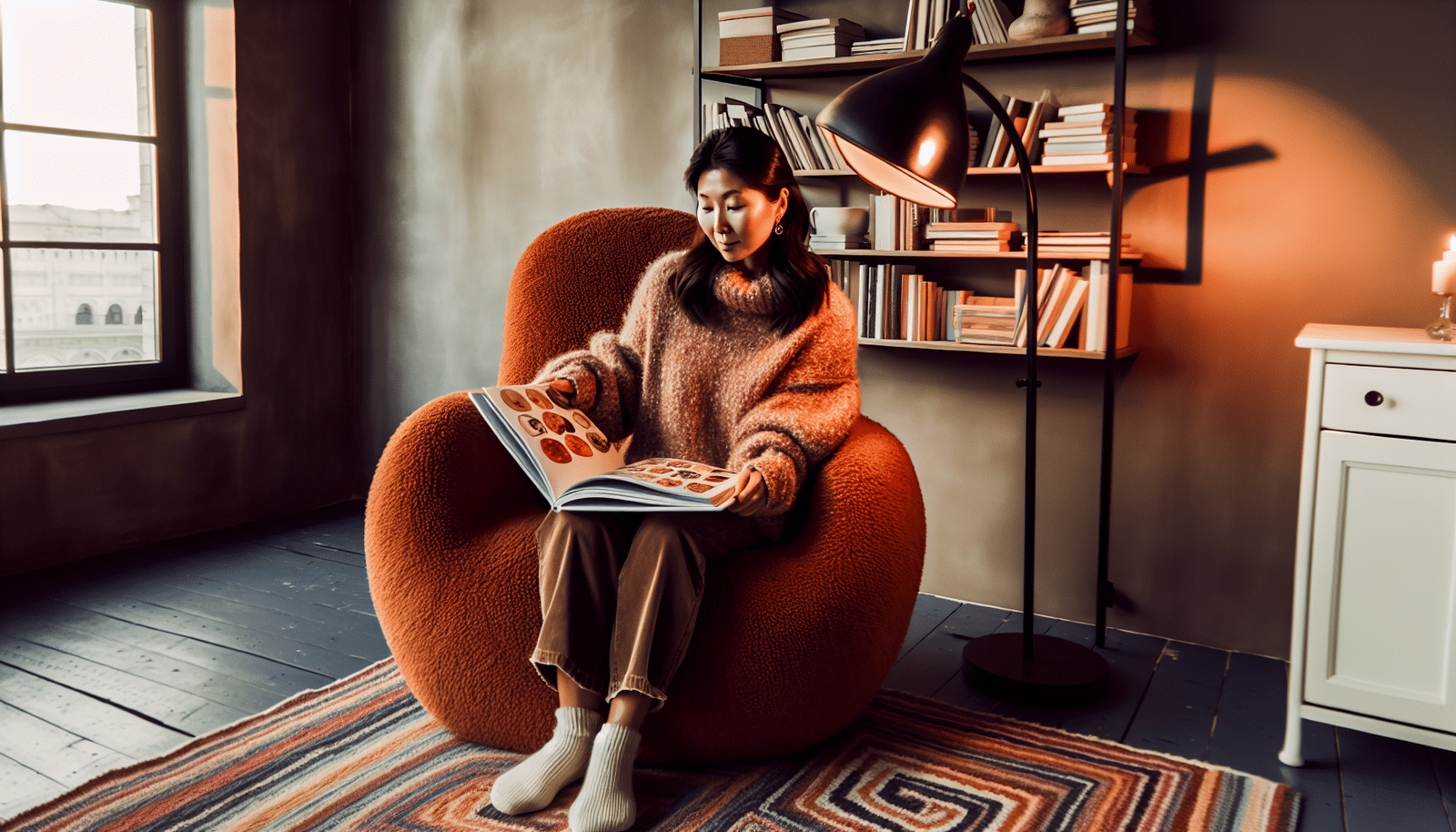 A person browsing through a freeze-drying cookbook in a cozy reading nook