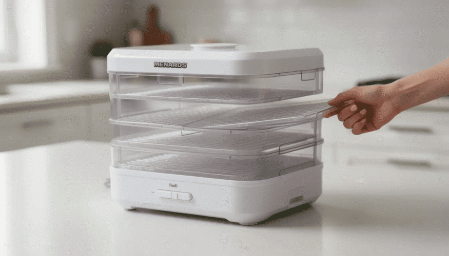 The image depicts the Menards Food Dehydrator, constructed from durable plastic, featuring a simple design that enhances usability and makes cleaning easy. This compact appliance is ideal for creating homemade beef jerky and fruit leather, effectively retaining natural flavors while extending shelf life.