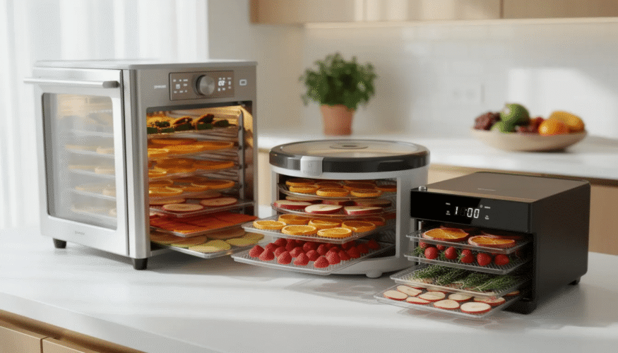 The image features a variety of food dehydrators, including the Excalibur food dehydrator, showcasing their compact sizes and precise control settings. These appliances are ideal for making beef jerky, fruit leather, and preserving natural flavors while extending the shelf life of various foods.