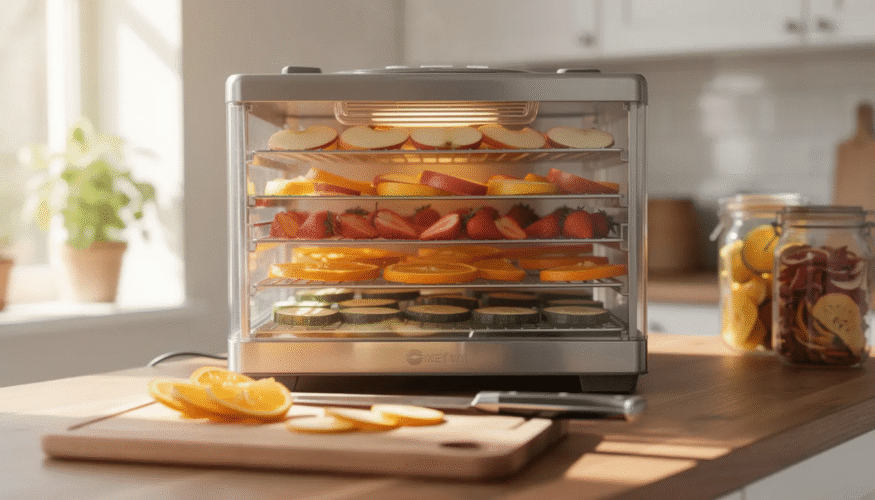 The image showcases a variety of dehydrated foods, including apple chips and dried fruits, arranged on a wooden table. These snacks highlight the food dehydration process, which preserves the nutritional value of fresh produce while extending their shelf life and reducing food waste.