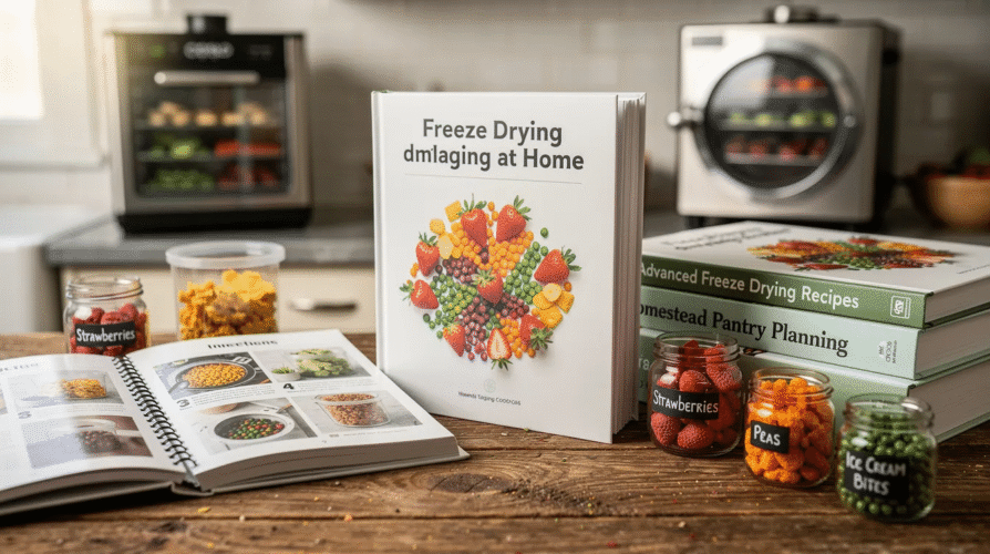The image showcases a beautifully arranged collection of freeze drying cookbooks, featuring titles like
