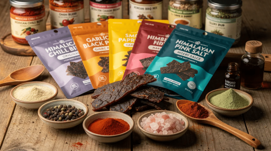 The image showcases a diverse array of beef jerky varieties, highlighting different flavor profiles and seasonings such as garlic powder, black pepper, and Himalayan pink salt. Various gourmet blends and unique spice combinations are displayed, emphasizing the rich textures and savory tastes that can be achieved in homemade jerky recipes.
