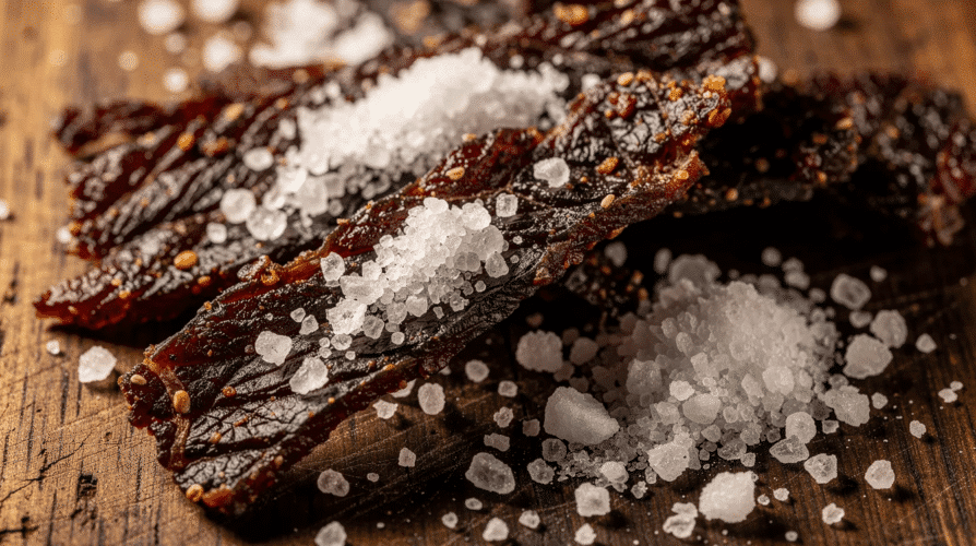 The image features a collection of delicious homemade beef jerky strips, showcasing a variety of flavors including peppered beef jerky and classic jerky flavor. Surrounding the jerky are ingredients such as pink curing salt, red pepper flakes, and spices, which highlight the savory and salty taste of this popular snack.