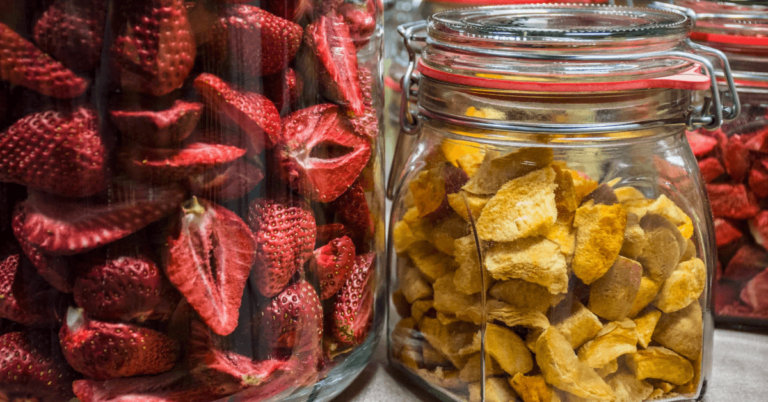 dehydrated strawbeeries and potatoes in a jar