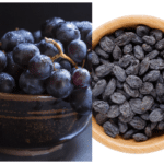 Grapes in a bowl on a black background. The enxt picture is raisins in a bowl