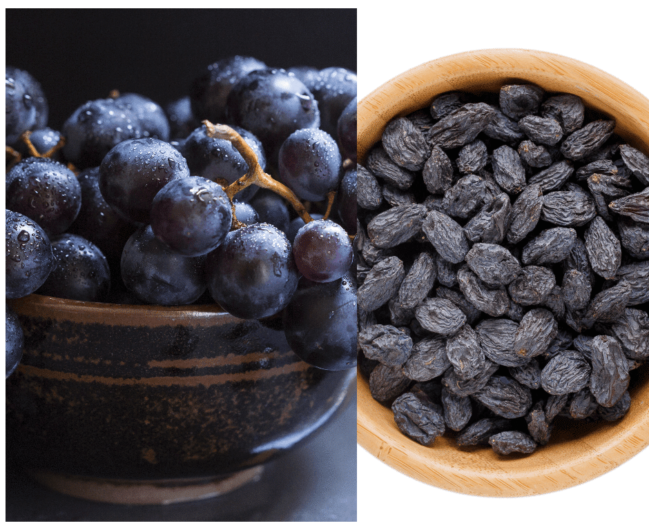 Grapes in a bowl on a black background. The enxt picture is raisins in a bowl